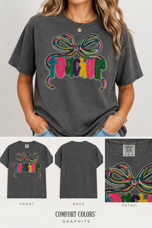 Teacher Bow Sequin Patch T-Shirt