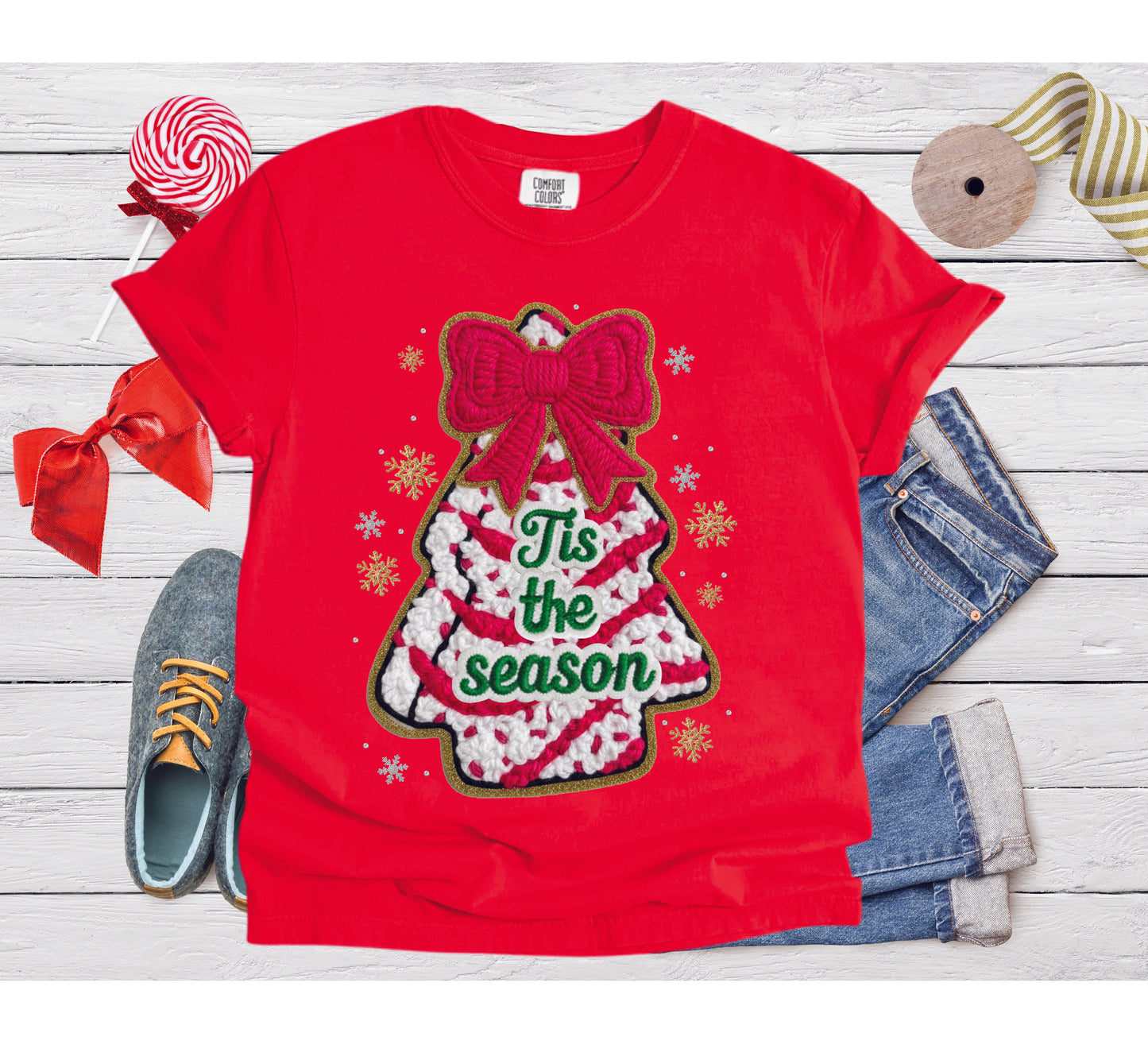 Tis Season Christmas Tree Cake Faux Crochet T-Shirt